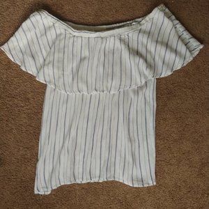 white and blue striped off the shoulder blouse